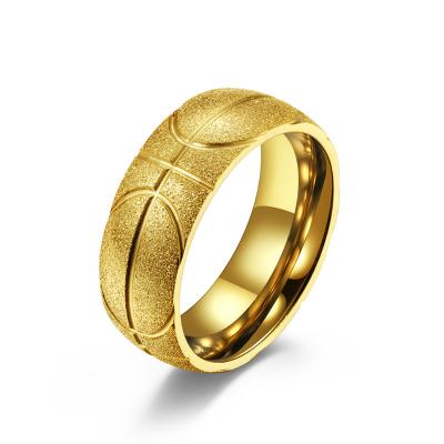 China Fashion Stock Sports Style Stainless Steel Frosted Basketball Engraved Ring Electroplated 18k Gold Steel Cool Men's Fashion Sports Ring for sale