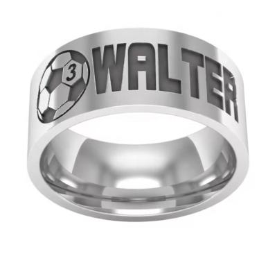 China Fashion Sports style Stainless Steel Football engraved Name Greased Ring Personalised 8mm high polished steel Trendy Men's Sports ring for sale