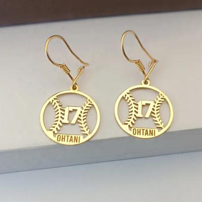 China Fashion Sports Wind Stainless steel softball Hollow digital pendant earrings custom engraved personality name 18 K gold fashion earrings for sale