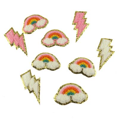 China Sustainable Colorful Castle Bow Chenille Rainbow Embroidered Patches Iron On Embroidery Applique Flat Star Anchor Coconut Flamingos Bow Sew for sale