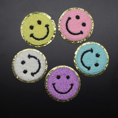 China Durable Colorful Chenille Embroidered Smile Face Bow Patch Adhesive Adhesive Letter Patches For Sticking On Bag Laptop for sale