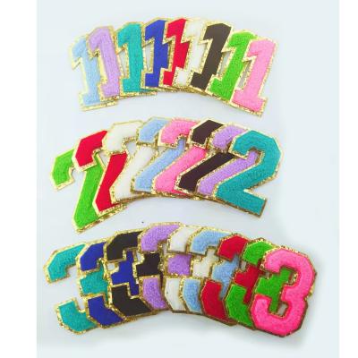 China Durable Iron On Chenille Letters Glitter Number Patches Embroidered Applique Patches Glitter Font Number Patches for sale