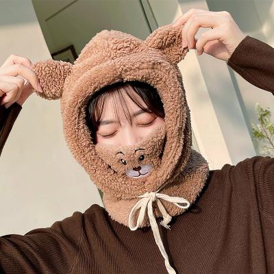 China JOINT Cute Lamb Plush Ear Hat Simple All-match Korean Winter Riding Thicken Warm Windproof Mask Scarf One-Piece Cute Bear Hat for sale