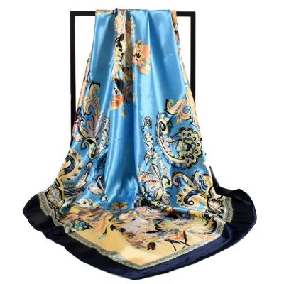 China 2021 Hot Selling Square 90x90cm Hijab Design Women's Luxury Custom Flower Printing Silk Muslim Scarf for sale