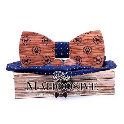 China MULTI-LAYER Wooden Dog Engraving High Quality Business Classic Wooden Bow Ties Men's Solid Wooden Bow Ties Cufflinks Handkerchief Sets for sale