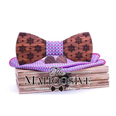 China Wooden Christmas MULTILAYER Snowflake Bow Tie Handkerchief Cufflinks Sets For Men's Bowtie Purple Bow Tie Bowknots Wooden Scarf Wooden Box for sale