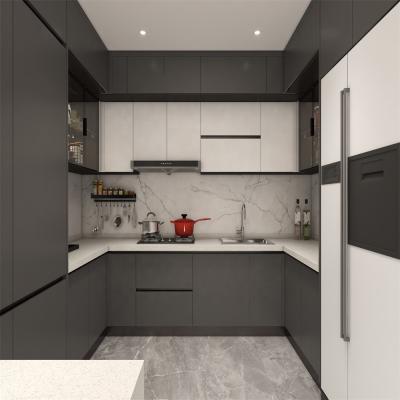 China Custom Gray White Particle Board Kitchen Cabinet with PVC Membrane Surface Treatment for sale