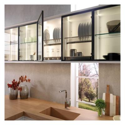 China Accesorios del grifo Panel de vidrio oscuro Armoires de cocina modulares de madera sólida para el apartamento en venta