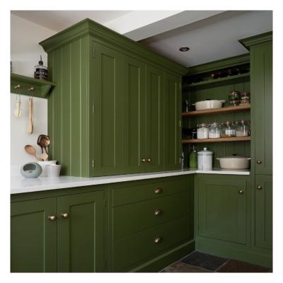 China Modern Style Green Framed Solid Wood Shaker Kitchen Cabinets with Easy Maintenance for sale