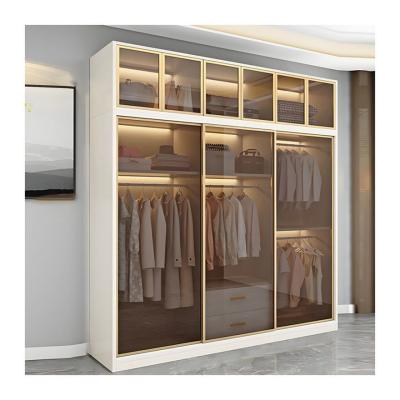 China Adjustable Height Elegant White Aluminium Framed Glass Door Panel Solid Wood Wardrobe for sale