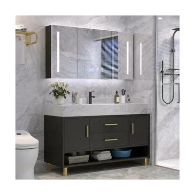 China Apartment Bathroom Cabinet Set Nordic Modern Black Wooden Mirrored Wall Mounted Furniture for sale