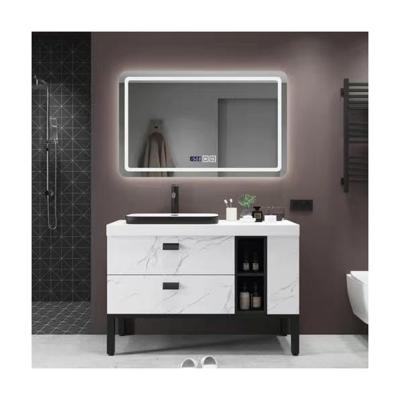 China Solid Wood LED Laminate Melamine Textured Slab Panel Bathroom Cabinet Soft Close for sale