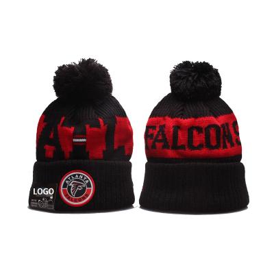 China COMMON Jacquard Slapped Beanie Hat With Pom Pom Hawk Buccaneer 54 Styles Football Beanie Fashion Winter Beanies for sale