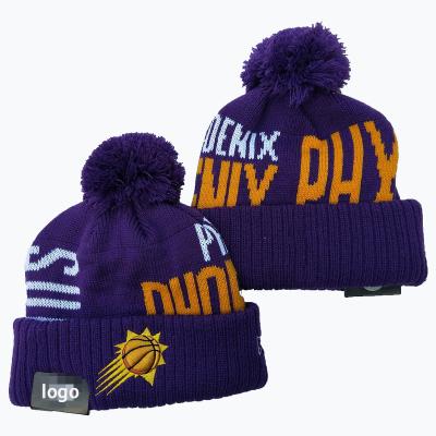 China JOINT Suns Laker All Team Beanie Hats With Pom Pom Slapped Jacquard Knitted Basketball Hats Winter Fitted Beanie for sale