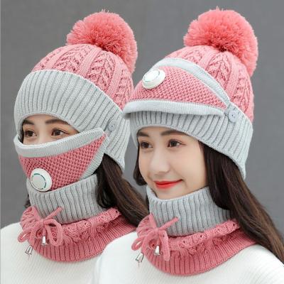 China COMMON Fleece Striped Women Beanie Knit Hat Winter Hat Scarf Mask Set Warm Girls Hat Earmuffs Hat With Pom for sale