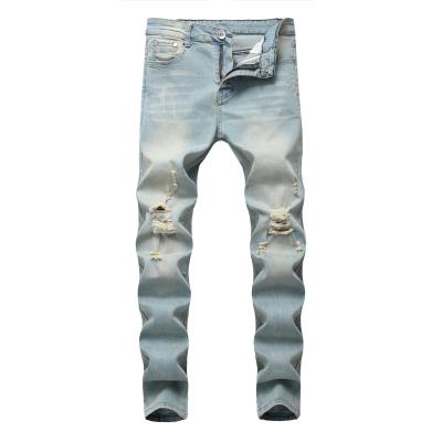 China Fade Proof Fashion Ripped Washed men's jeans straight slim straight long denim casual pants for mens trousers 2021 autumn clothing for sale