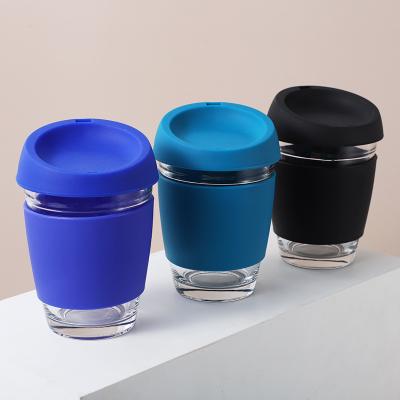 China 350ml Cute And Lightweight Eco-Friendly Reusable Disposable Travel Keep Glass Coffee Mug Cup With Silicone Lid And Sleeve for sale