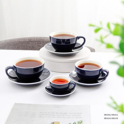 China Custom Made Viable Assorted Colors Simple Ceramic Black Cup And Saucer Tea Cup Handcrafted Cappuccino Coffee Cup With Saucer Set for sale