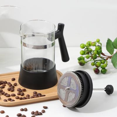 China WITH LID Logo Filter Borosilicate Pyrex Glass Custom Plastic Portable French Press Coffee Maker Plunger for sale