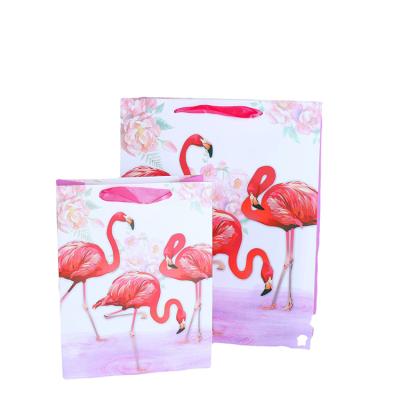 China Flamingo Recyclable Wholesale Luxury Shopping Pattern Portable Gift Paper Bag With Flexiloop Handle for sale