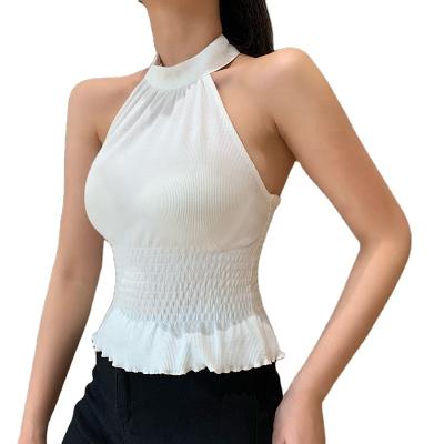 China Amazon wholesale anti-pilling hit 2021 fashion anti-pilling ladies ribbed knitted sleeveless halter tops for sale