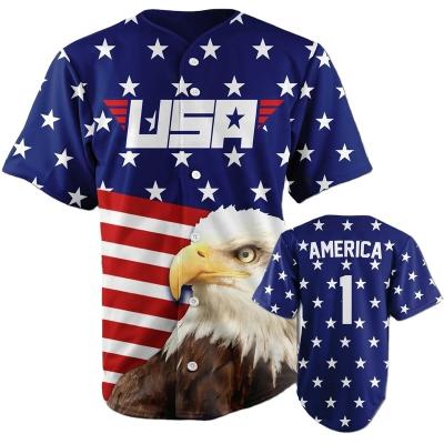 China Cheap Breathable 100% American Flag Mens Sublimation Polyester Club Team Short Sleeve Baseball Shirt Custom for sale