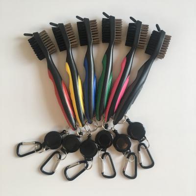 China Small Retractable Double Sided Golf Club Cleaning Brush Cleaner Clip Groove Spike for sale