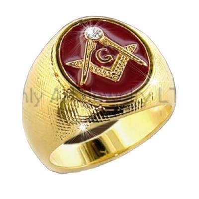 China High Quality Round Red Resin Enamel Jewelry For Men Shiny Polished 18k Gold Plated Rings Masonic Seal Ring for sale