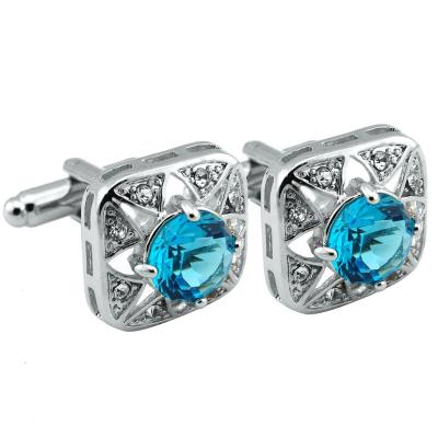 China High Quality Blue Stone Crystal Cuff Link For Men Wedding Souvenirs Dress Mens Shirts Silver Cufflinks Set In Gift Box for sale