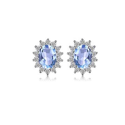 China 100% Hot Cute 925 Silver Color CZ Stone Birthstone Earring Set Women Crystal Jewelry Sterling Silver Oval Engagement Studs for sale