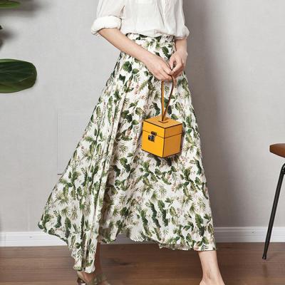 China Beautiful plus size long green printed satin skirts silk women ladies floral skirt free size for sale