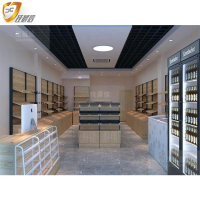 China Single Sided Double Columns Steel Wooden Snack Bars All Kinds Of Supermarket Shelf Double Side Racks for sale