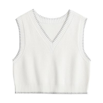 China Factory direct sale Anti-wrinkle simple high quality cotton pattern crop sweater solid v-neck knit solid vest sweater for sale