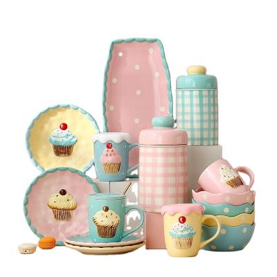 China SYL Macarone Cake Pattern Cake Cup Viable Soft Ceramic Dish Cute Bowl Tableware Sets Lovely Dinnerware Sets for sale