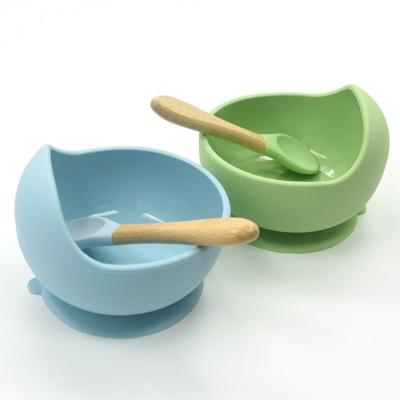 China BPA Free Silicone Baby Feeding Bowl Set Baby Learning Dishes Suction Bowl Set With Non-slip Wooden Spoon for sale