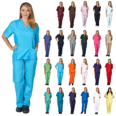 China Hot Sale Hospital V-Neck Hospital Uniforms Medical Nursing Scrub Uniform Scrub Sets Short Sleeve Tops Trotter Pants Uniform Women Nursing for sale