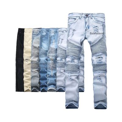 China Breathable OEM Customized Distressed Men's Jeans Small Flowers Service Men's Denim Jeans Fashionable Embroidery Appliqued Skinny Distressed Men's Jeans for sale