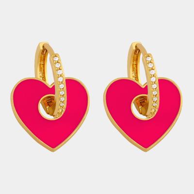 China CLASSIC CLASSIC Designer Real 18k Gold Plated AAA Brass Zircon 7 Colors Enamel Heart Huggie Circle Earrings For Women Luxury Jewelry for sale