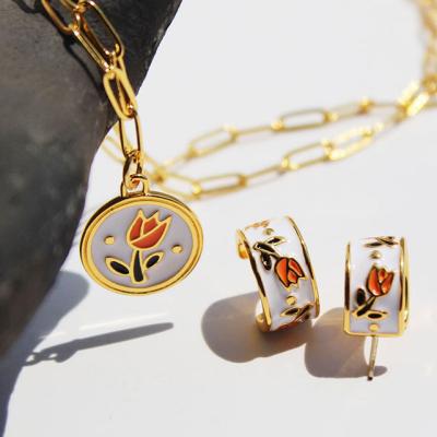 China CLASSIC CLASSIC 18K Gold Plated Brass Enamel Rose Flower Pendant Chain Necklace and Earrings Sets Jewelry for Women for sale