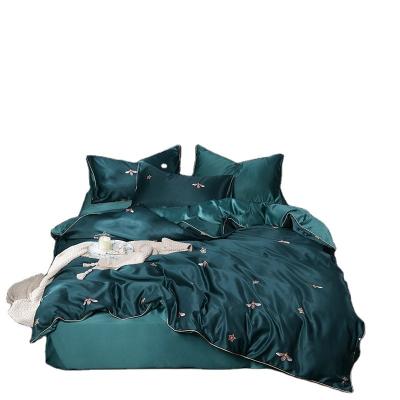 China Nondisposable European Style Luxury Four Seasons 100% Silk Duvet Cover Set, Dark Green Four-Piece Bed Linen and Bedding Set for sale