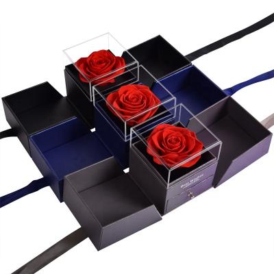 China Valentine's Day Lasting Gift Flower Jewelry Bilateral Open Eternal Drawer Packing Rose Gift Box Preserved for sale