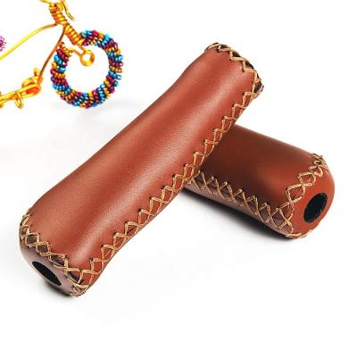 China Hot Selling BMX Vintage High Quality PU Leather Handmade Bicycle Handlebar Grips For Mountain Bike Handlebar for sale