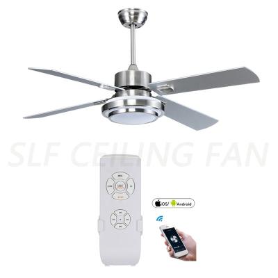 China 2021 newly design 52 inch brushed nickel finished app remote control wood blades wifi intelligent smart ceiling fan with light for sale