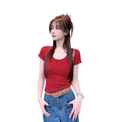 China Breathable High Quality Summer Temperament Tops Girl Shoulder Length Solid Color T-shirt Fashionable Slim Fit Shorts Sheathed For Newspaper for sale