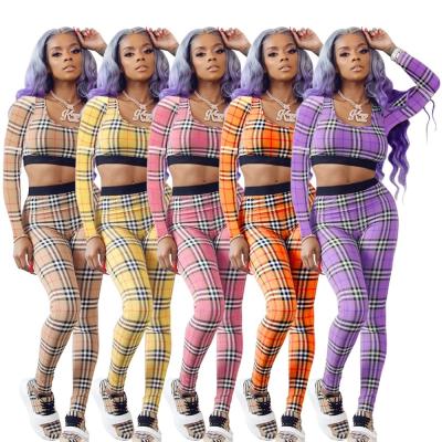 China DLL-TS1170 Hot Selling Anti-wrinkle Long Sleeve Crop Casual Top Set Fashion Skinny Casual 2pc Plaid Two Piece Women Fall Sets for sale