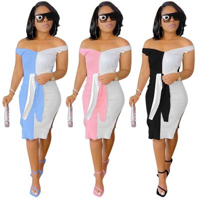 China Factory Wholesale Fashion Breathable Off Shoulder Pit Stitching Color Midi Dress for sale