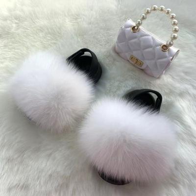 China Wholesale 2021 Summer Breathable Pantuflas Fur Slides Kids Handbags Set Furry Furry Sandals Shoes Women Fur Slides And Matching Purse for sale