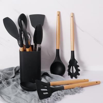 China Sustainable Silicone Cookware Set , Wooden Handle Kitchen Utensils Set With Rack for sale