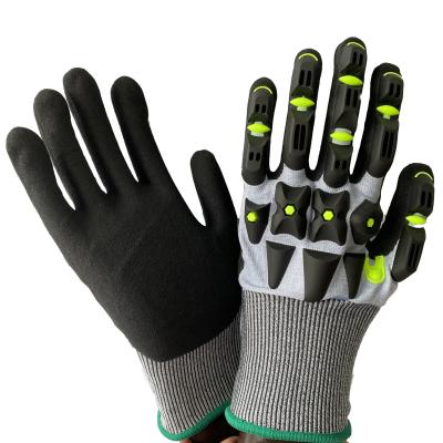 China oil & Gas Sonic Welding TPR Patch Impact Resistance ANSI Cut Level 5 Sandy Nitrile Coated Work Gloves for sale