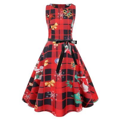 China Wholesale Anti-static Christmas Red Pattern Skater Dress Elastic Crewneck Material Dress For Women for sale